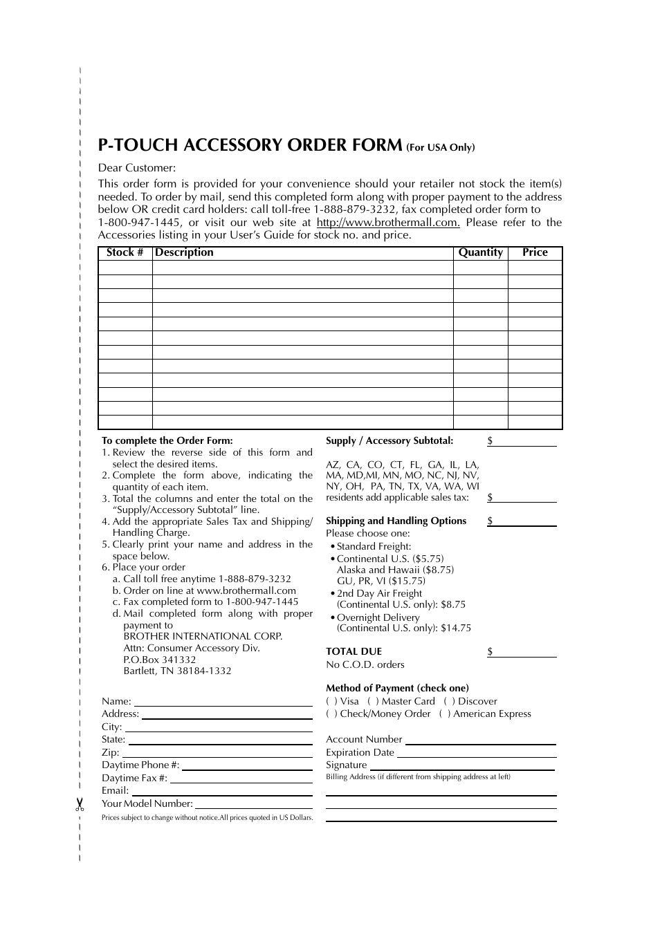 P-touch accessory order form (for usa only), Asistencia por internet, P-touch accessory order form | Brother PT-2600 User Manual | Page 136 / 250