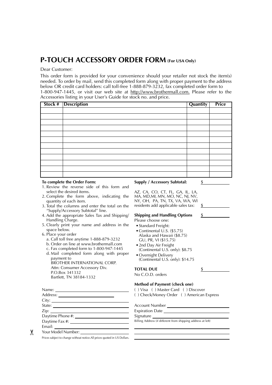 P-touch accessory order form (for usa only), P-touch accessory order form | Brother PT-2600 User Manual | Page 138 / 250