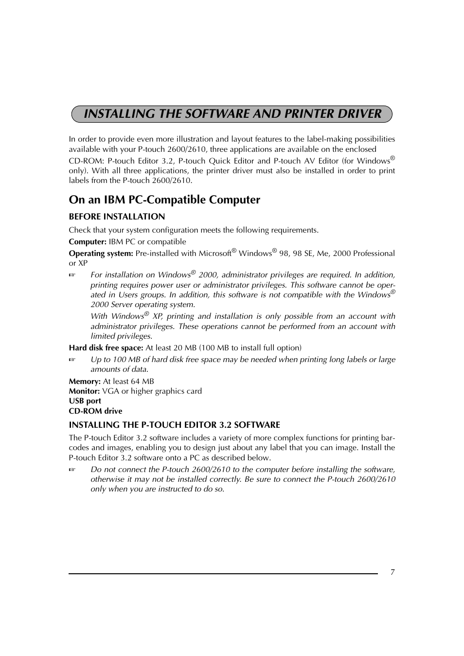 Installing the software and printer driver, On an ibm pc-compatible computer | Brother PT-2600 User Manual | Page 14 / 250