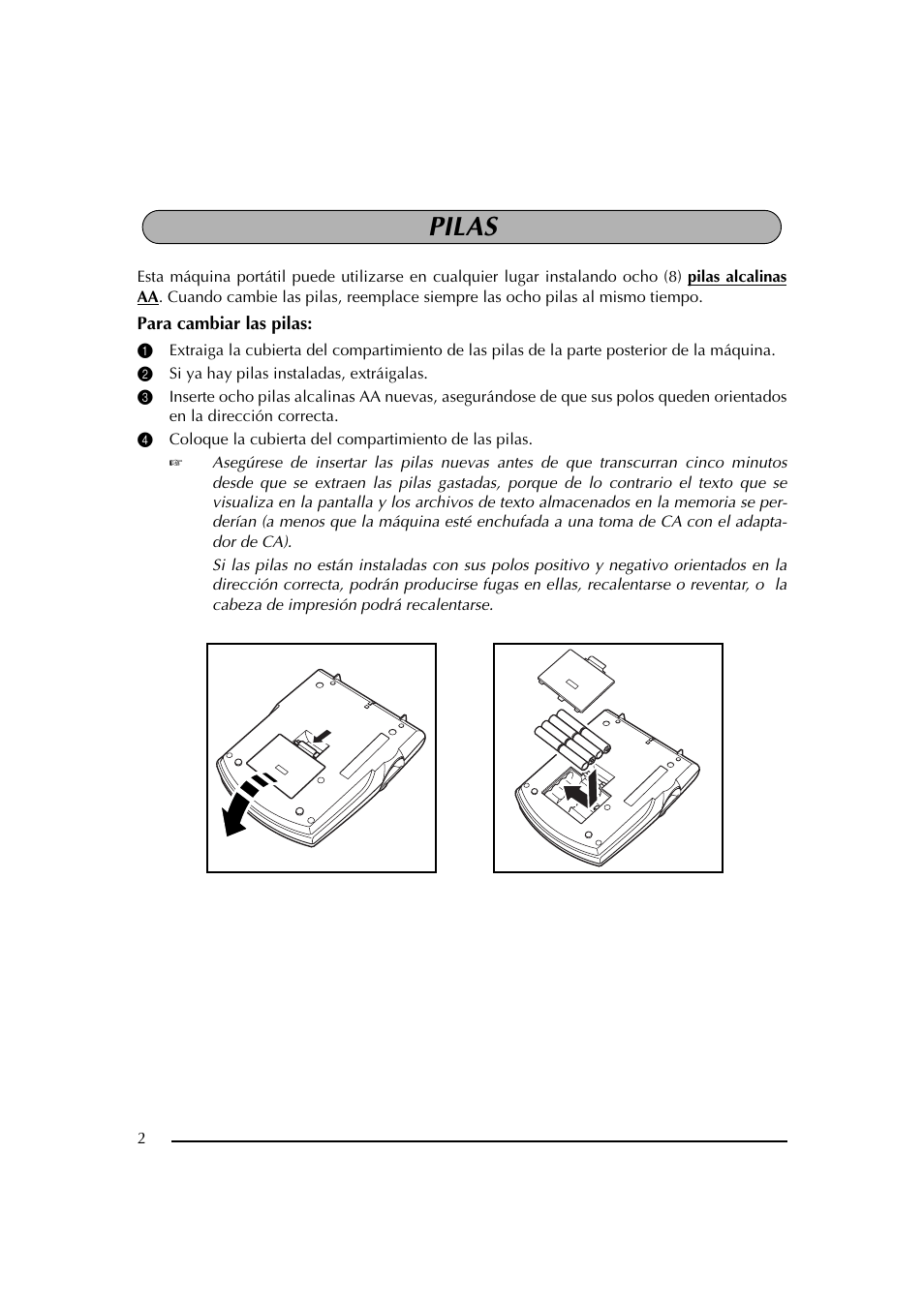 Pilas, 2 si ya hay pilas instaladas, extráigalas | Brother PT-2600 User Manual | Page 144 / 250