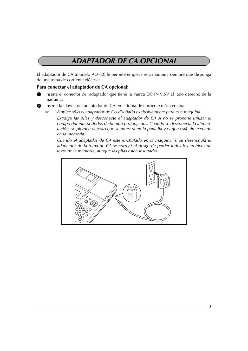 Adaptador de ca opcional | Brother PT-2600 User Manual | Page 145 / 250