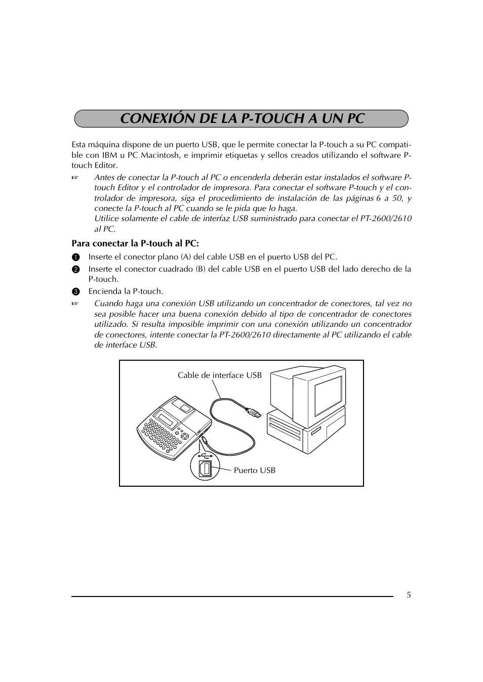 Conexión de la p-touch a un pc, 3 encienda la p-touch, Puerto usb | Brother PT-2600 User Manual | Page 147 / 250