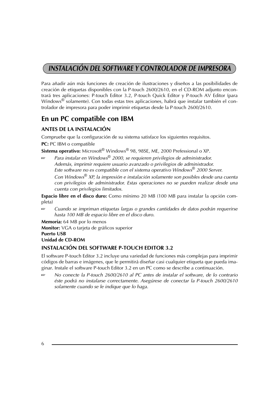 En un pc compatible con ibm, Pc: pc ibm o compatible | Brother PT-2600 User Manual | Page 148 / 250