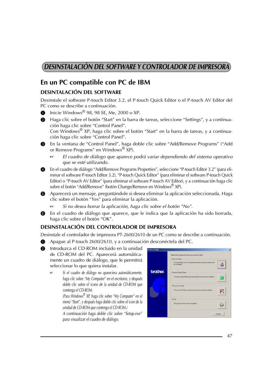 En un pc compatible con pc de ibm, 1 inicie windows® 98, 98 se, me, 2000 o xp | Brother PT-2600 User Manual | Page 189 / 250