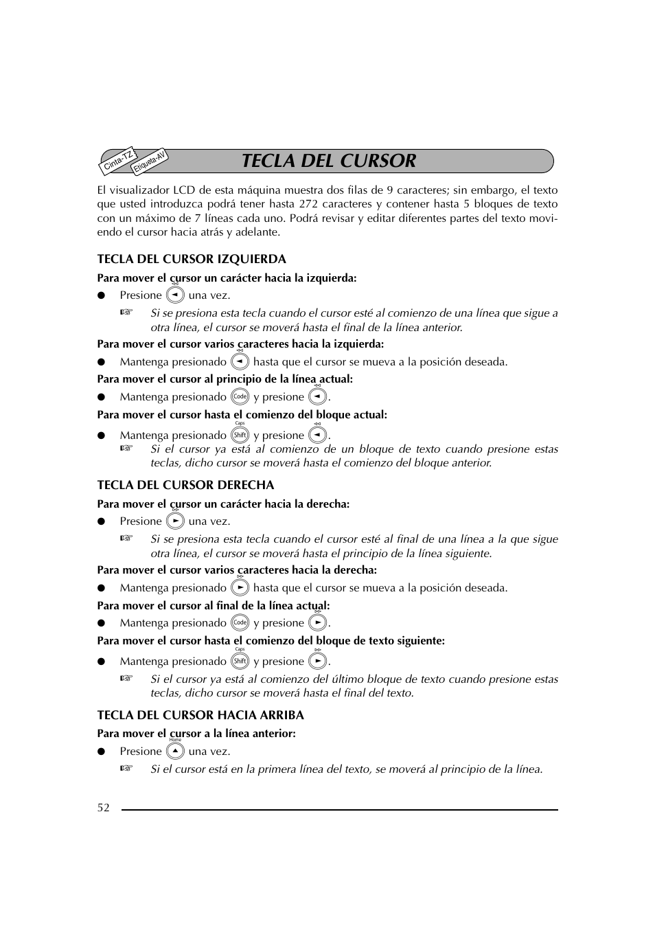 Tecla del cursor | Brother PT-2600 User Manual | Page 194 / 250