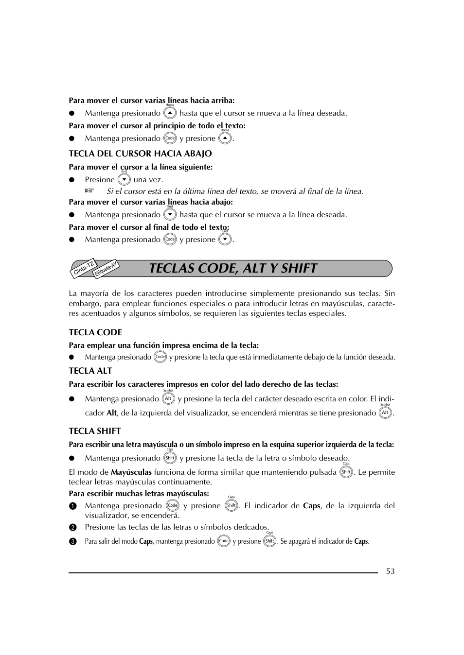 Teclas code, alt y shift | Brother PT-2600 User Manual | Page 195 / 250