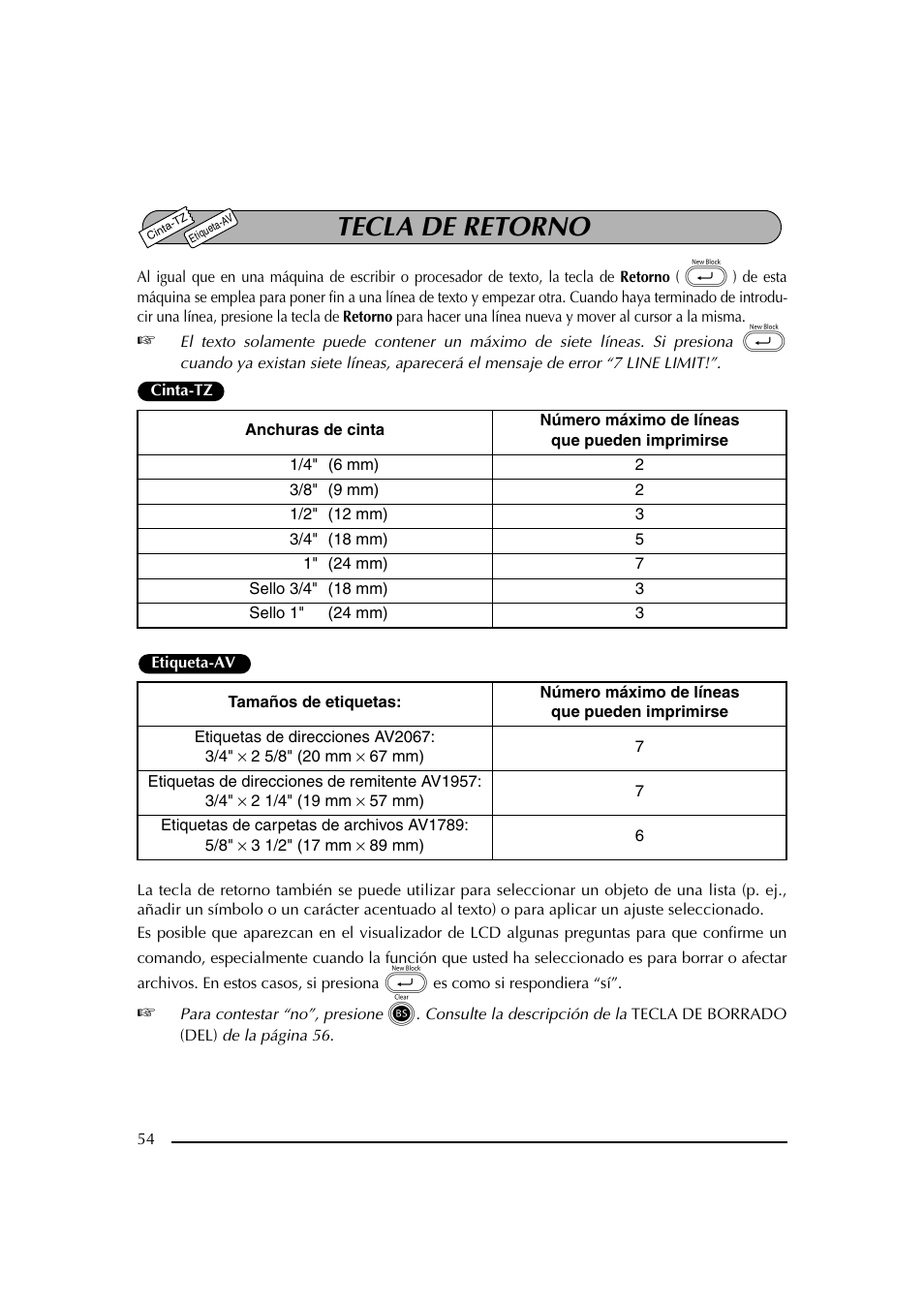 Tecla de retorno | Brother PT-2600 User Manual | Page 196 / 250