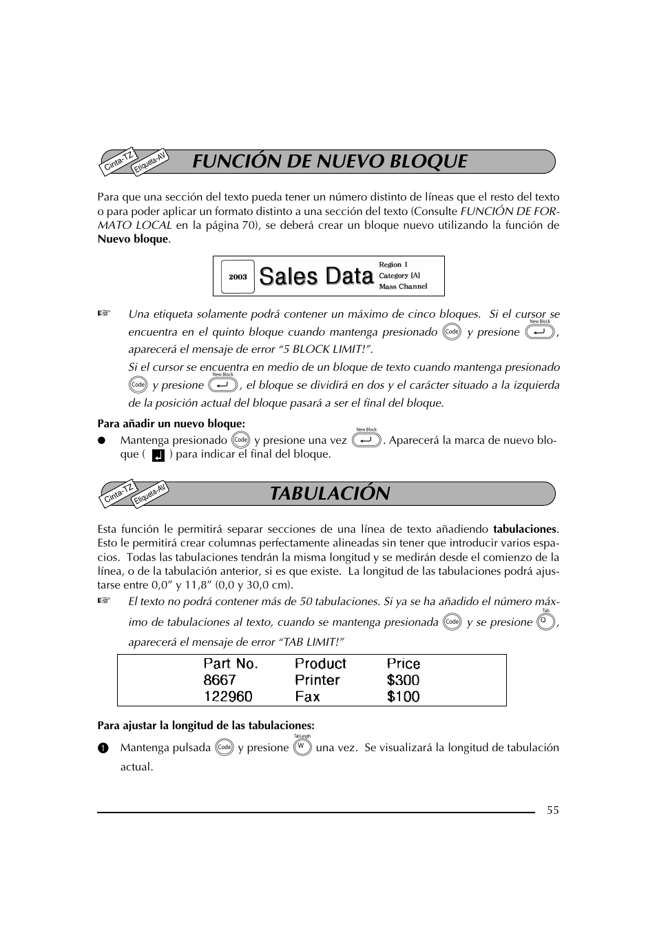 Función de nuevo bloque, Tabulación | Brother PT-2600 User Manual | Page 197 / 250
