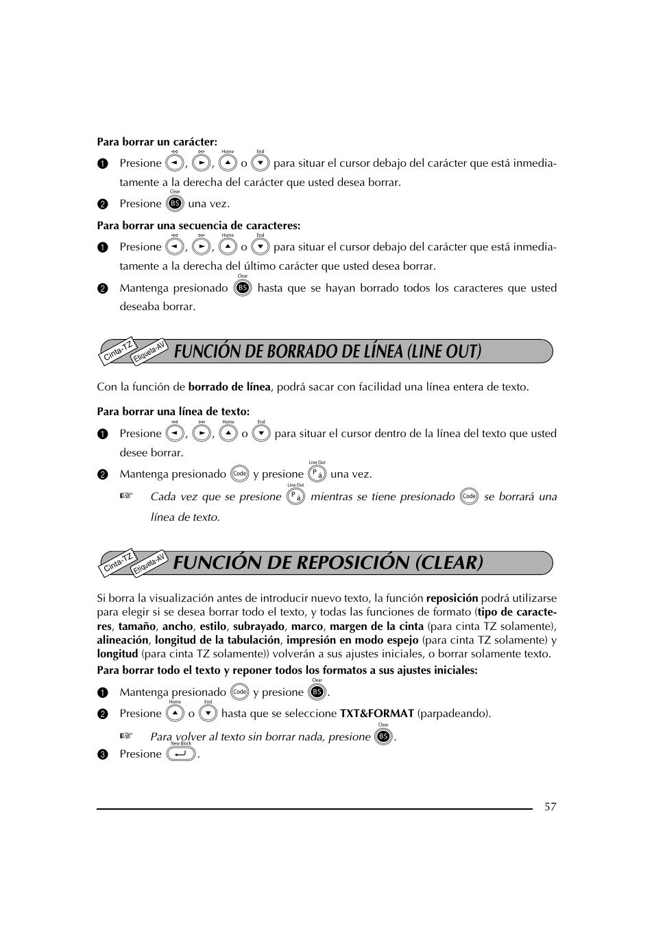 Función de borrado de línea (line out), Función de reposición (clear) | Brother PT-2600 User Manual | Page 199 / 250