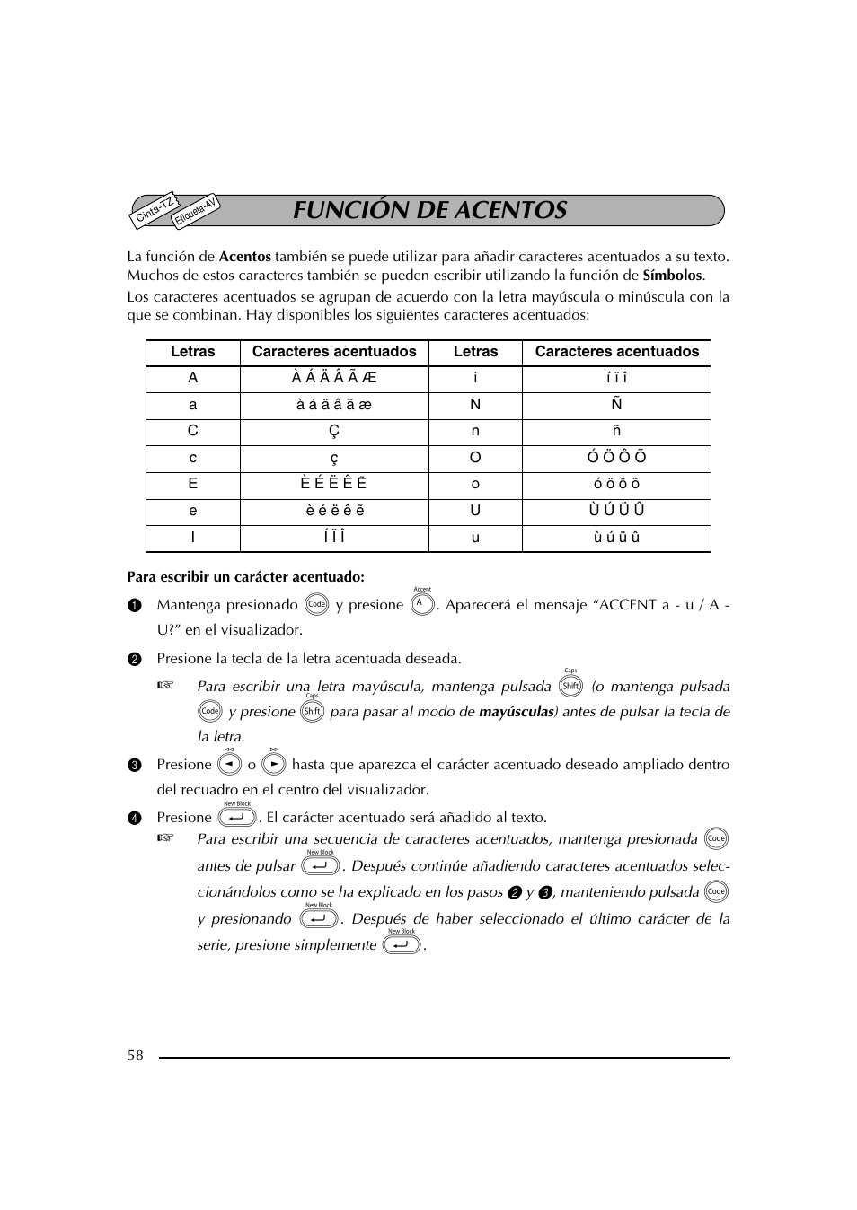 Función de acentos | Brother PT-2600 User Manual | Page 200 / 250