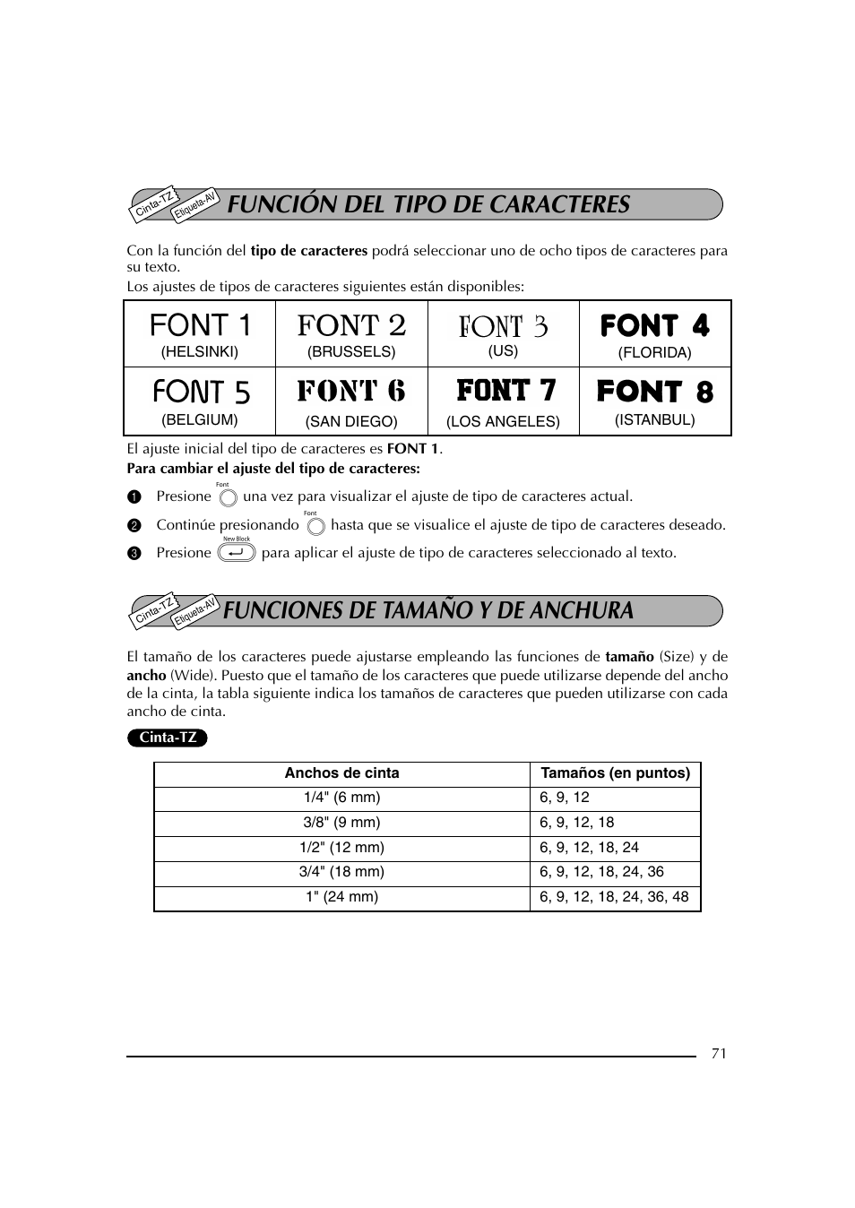 Función del tipo de caracteres, Funciones de tamaño y de anchura | Brother PT-2600 User Manual | Page 213 / 250