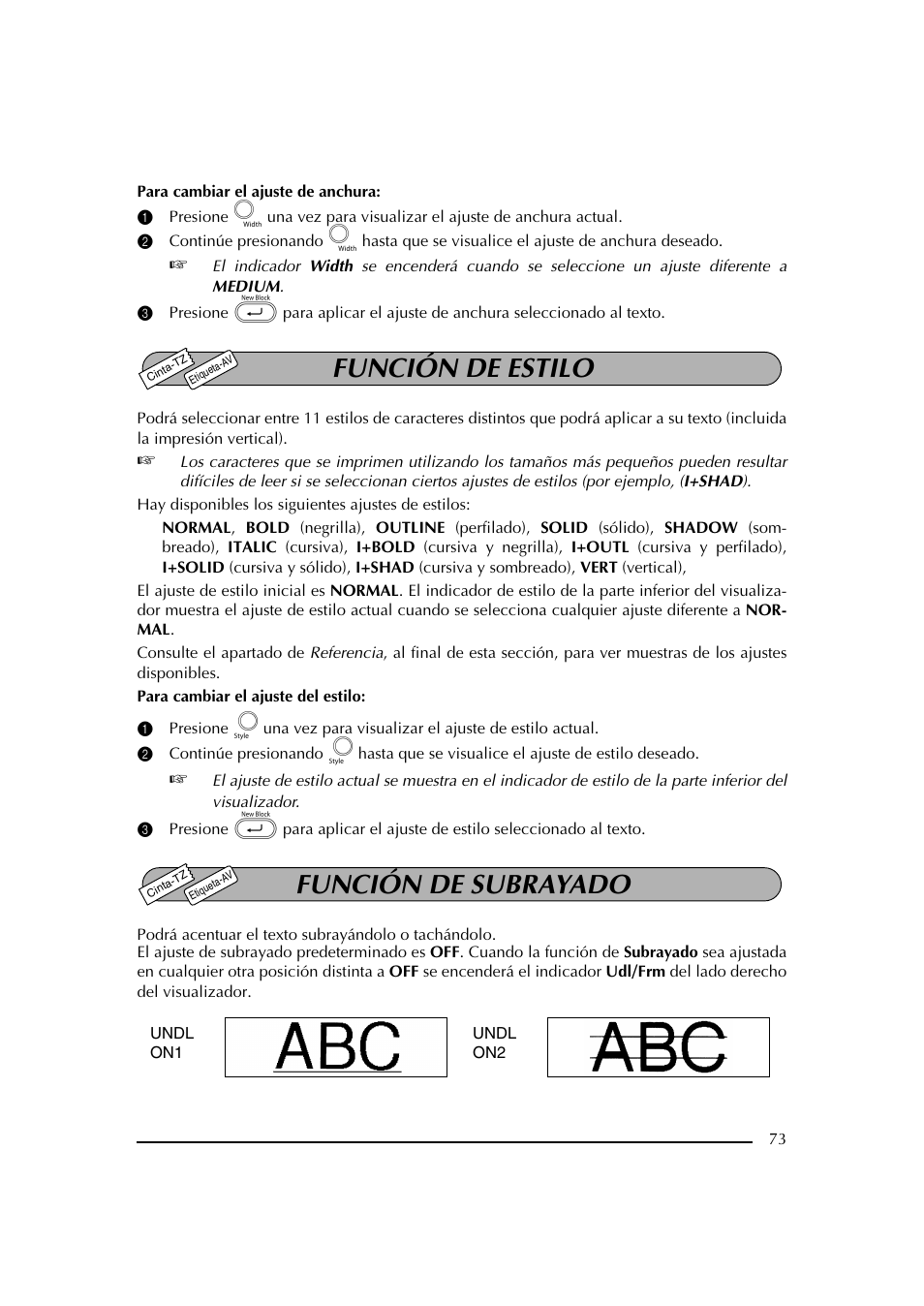 Función de estilo, Función de subrayado | Brother PT-2600 User Manual | Page 215 / 250