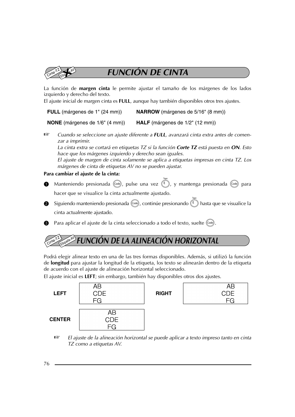 Función de cinta, Función de la alineación horizontal | Brother PT-2600 User Manual | Page 218 / 250