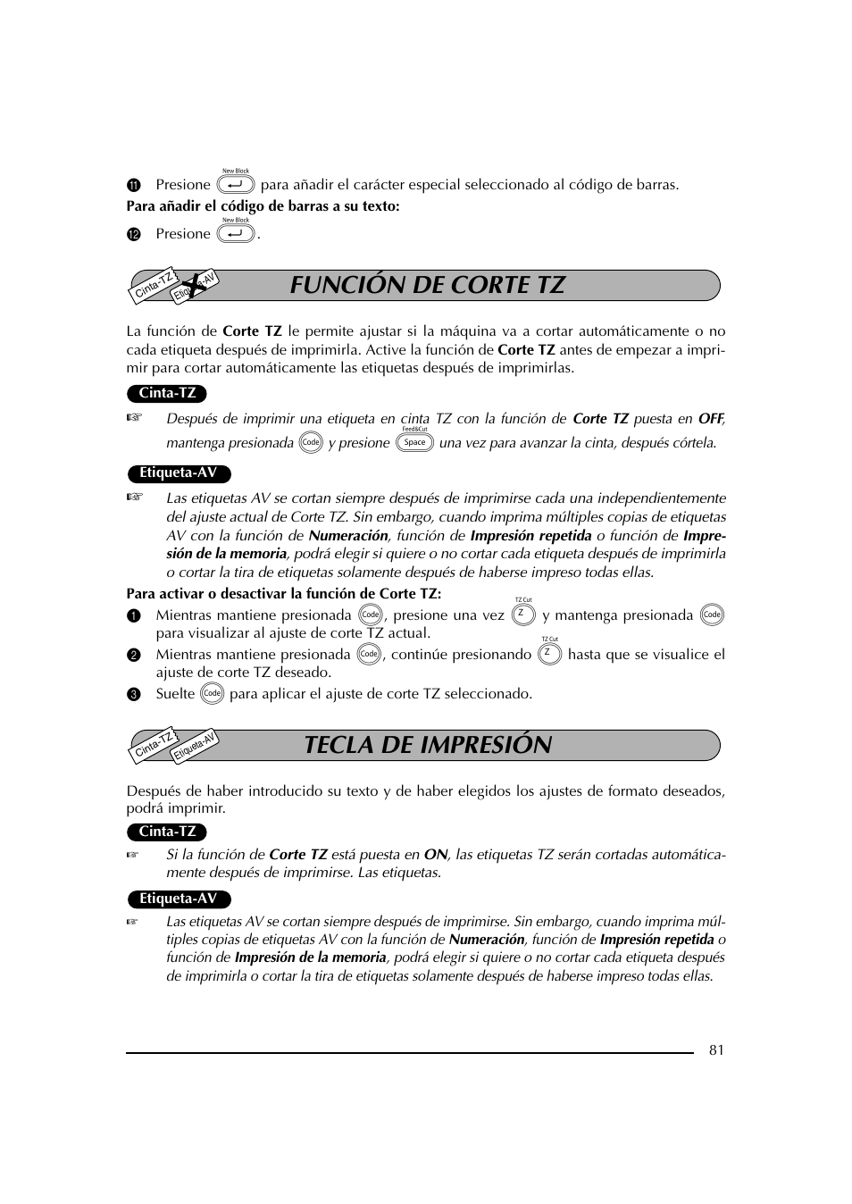 B presione, Tecla de impresión, Función de corte tz | Brother PT-2600 User Manual | Page 223 / 250