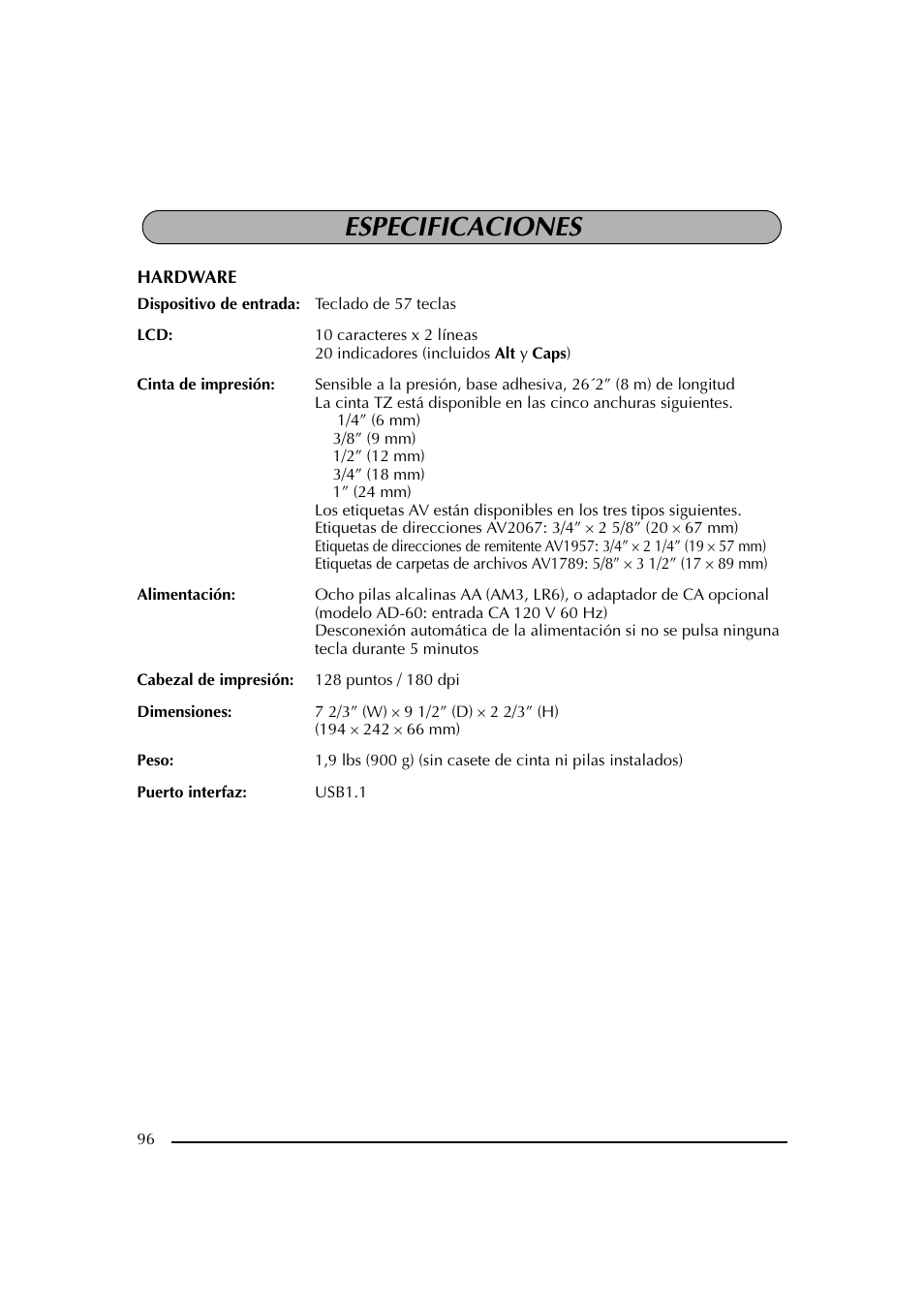Especificaciones | Brother PT-2600 User Manual | Page 238 / 250