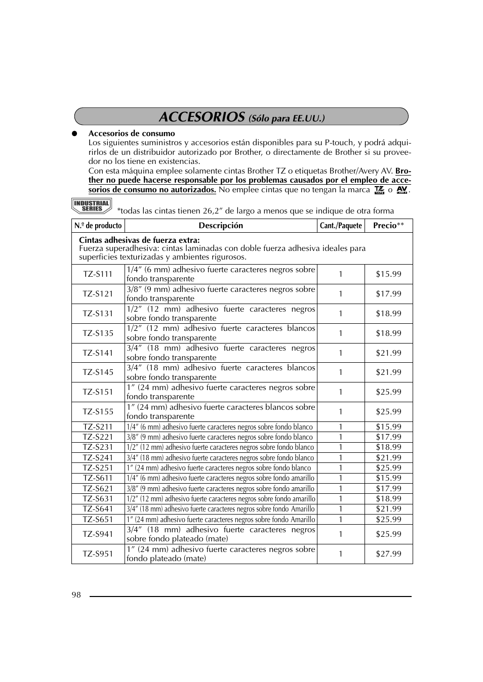 Accesorios | Brother PT-2600 User Manual | Page 240 / 250