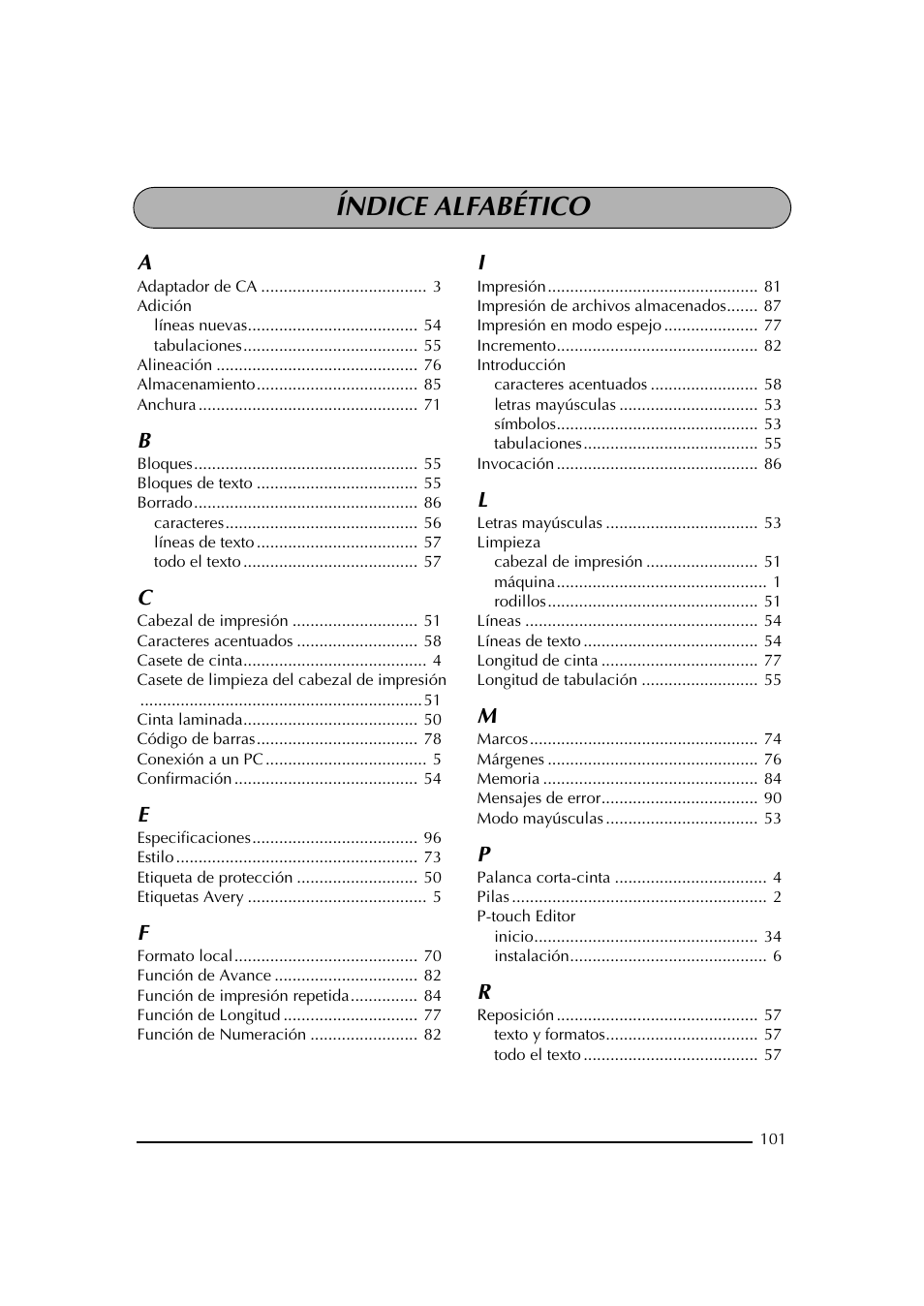 Índice alfabético | Brother PT-2600 User Manual | Page 243 / 250