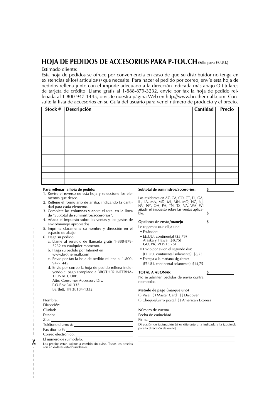 Hoja de pedidos de accesorios para p-touch | Brother PT-2600 User Manual | Page 247 / 250