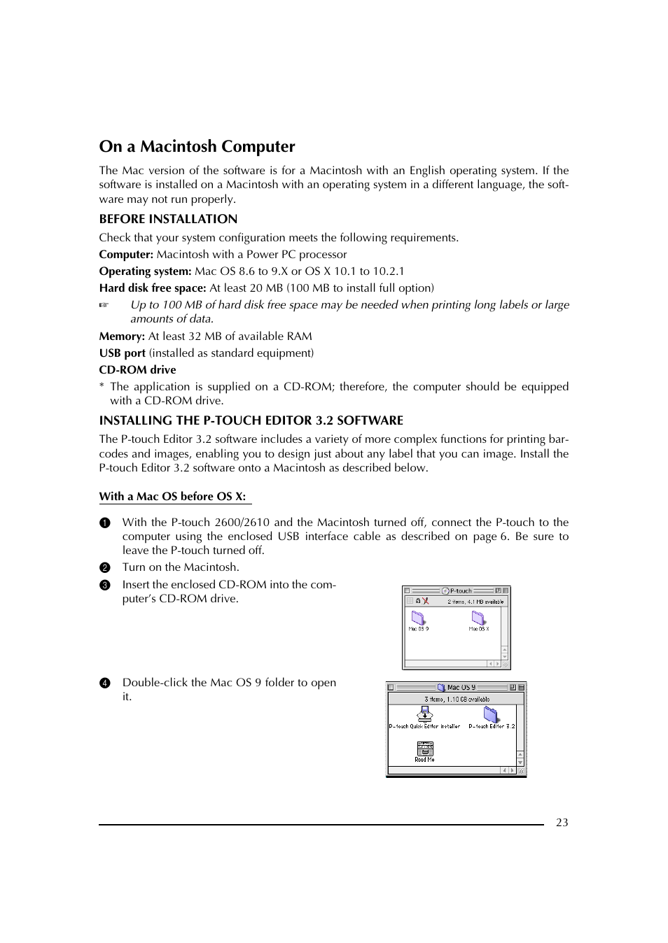 On a macintosh computer, 2 turn on the macintosh, 4 double-click the mac os 9 folder to open it | Brother PT-2600 User Manual | Page 30 / 250