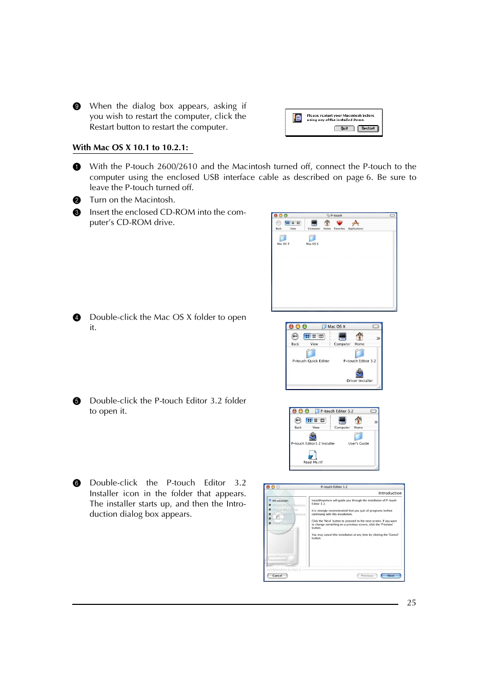 2 turn on the macintosh, 4 double-click the mac os x folder to open it | Brother PT-2600 User Manual | Page 32 / 250
