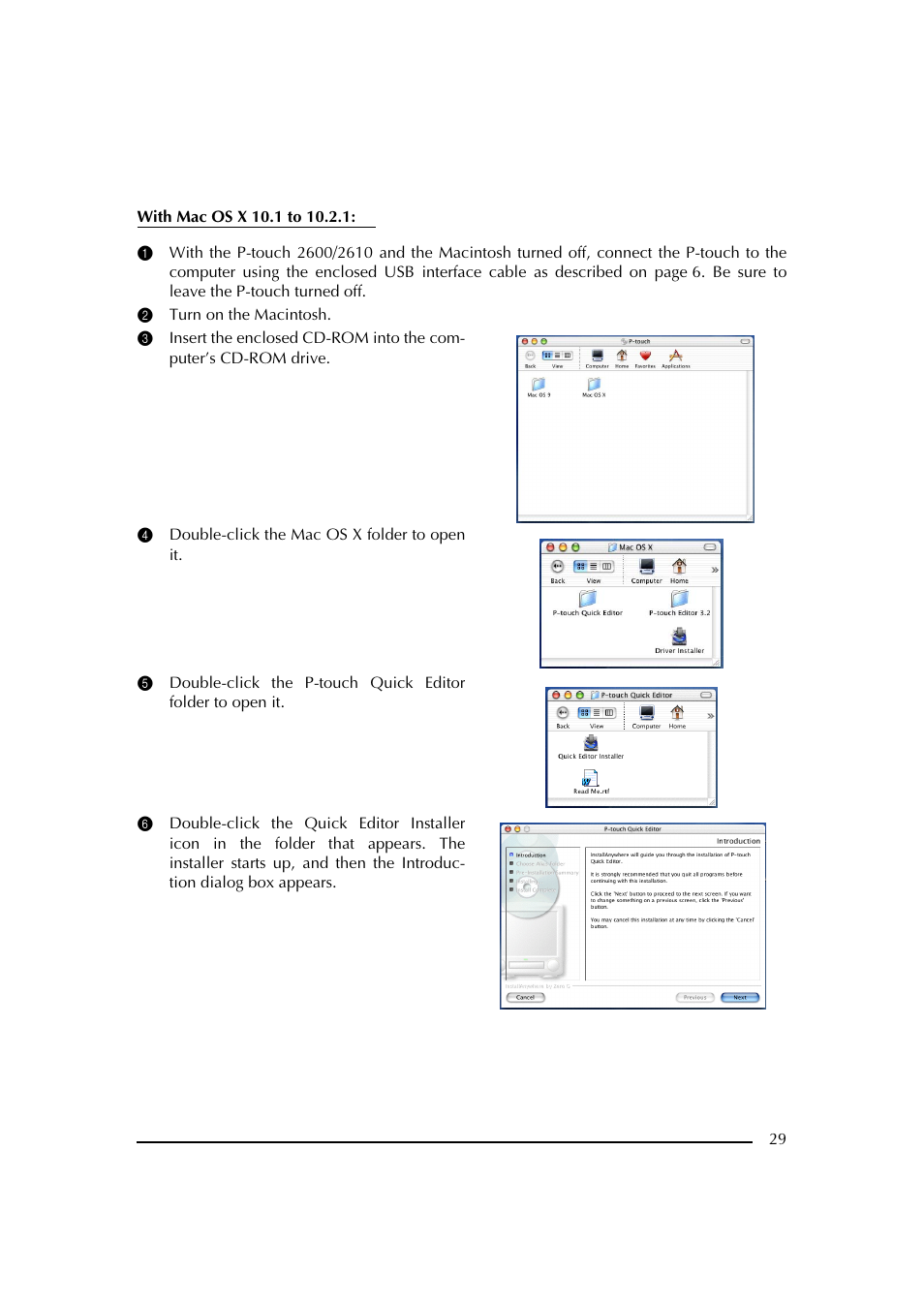 2 turn on the macintosh, 4 double-click the mac os x folder to open it | Brother PT-2600 User Manual | Page 36 / 250
