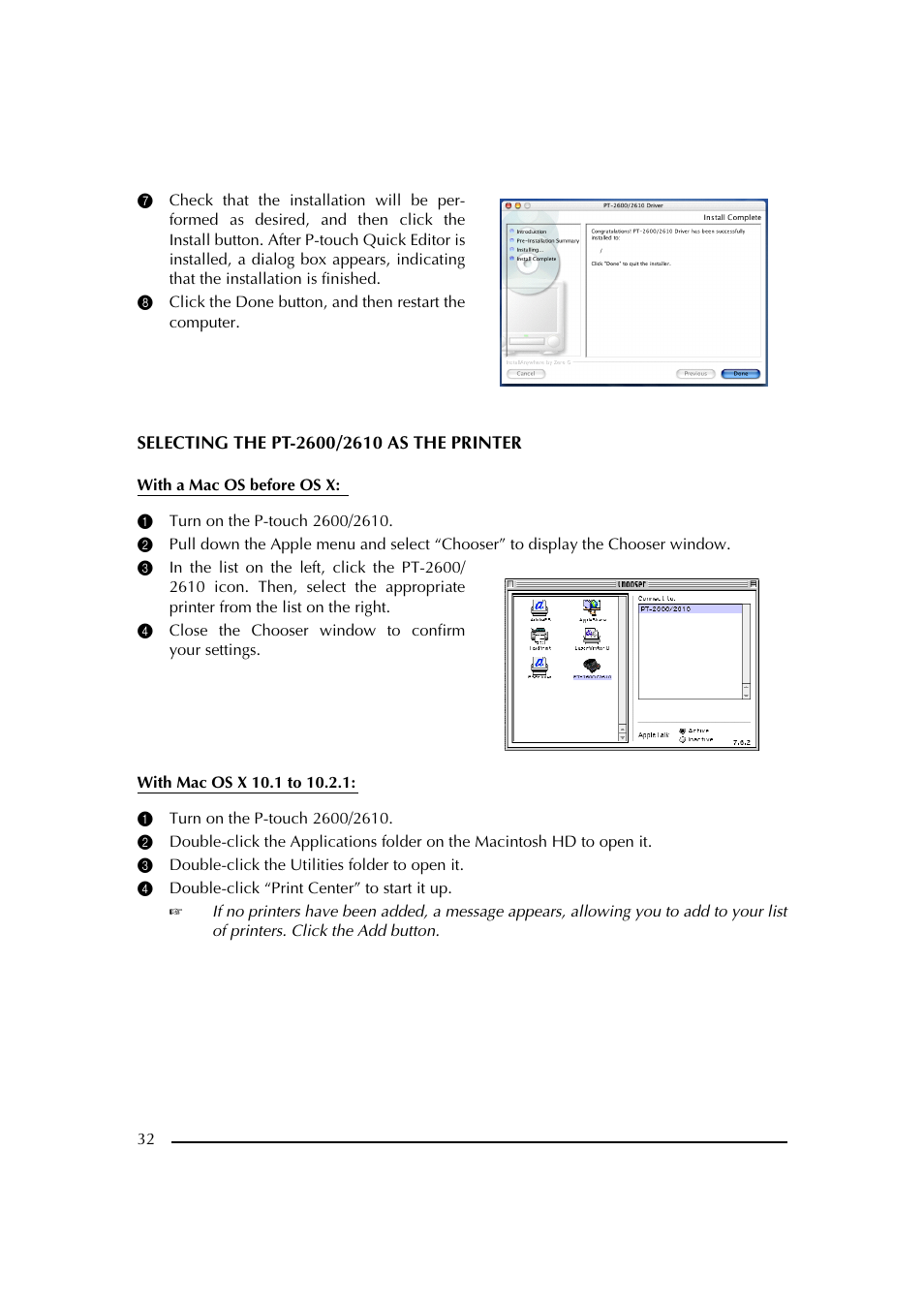 1 turn on the p-touch 2600/2610, 3 double-click the utilities folder to open it, 4 double-click “print center” to start it up | Brother PT-2600 User Manual | Page 39 / 250