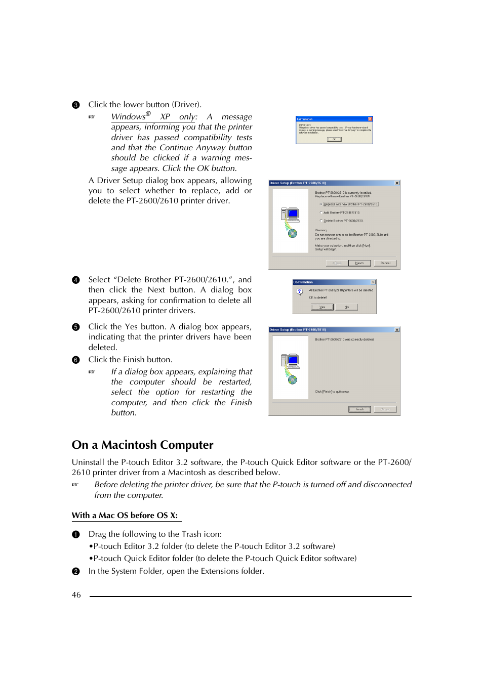3 click the lower button (driver), 6 click the finish button, On a macintosh computer | 1 drag the following to the trash icon, 2 in the system folder, open the extensions folder | Brother PT-2600 User Manual | Page 53 / 250