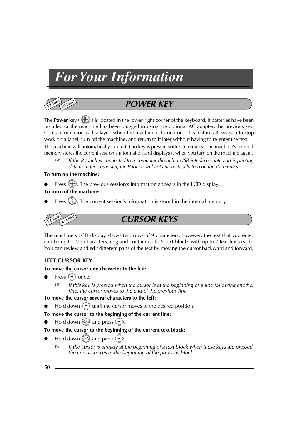 Power key, Cursor keys, Tecla del cursor | For your information, Power key cursor keys | Brother PT-2600 User Manual | Page 57 / 250