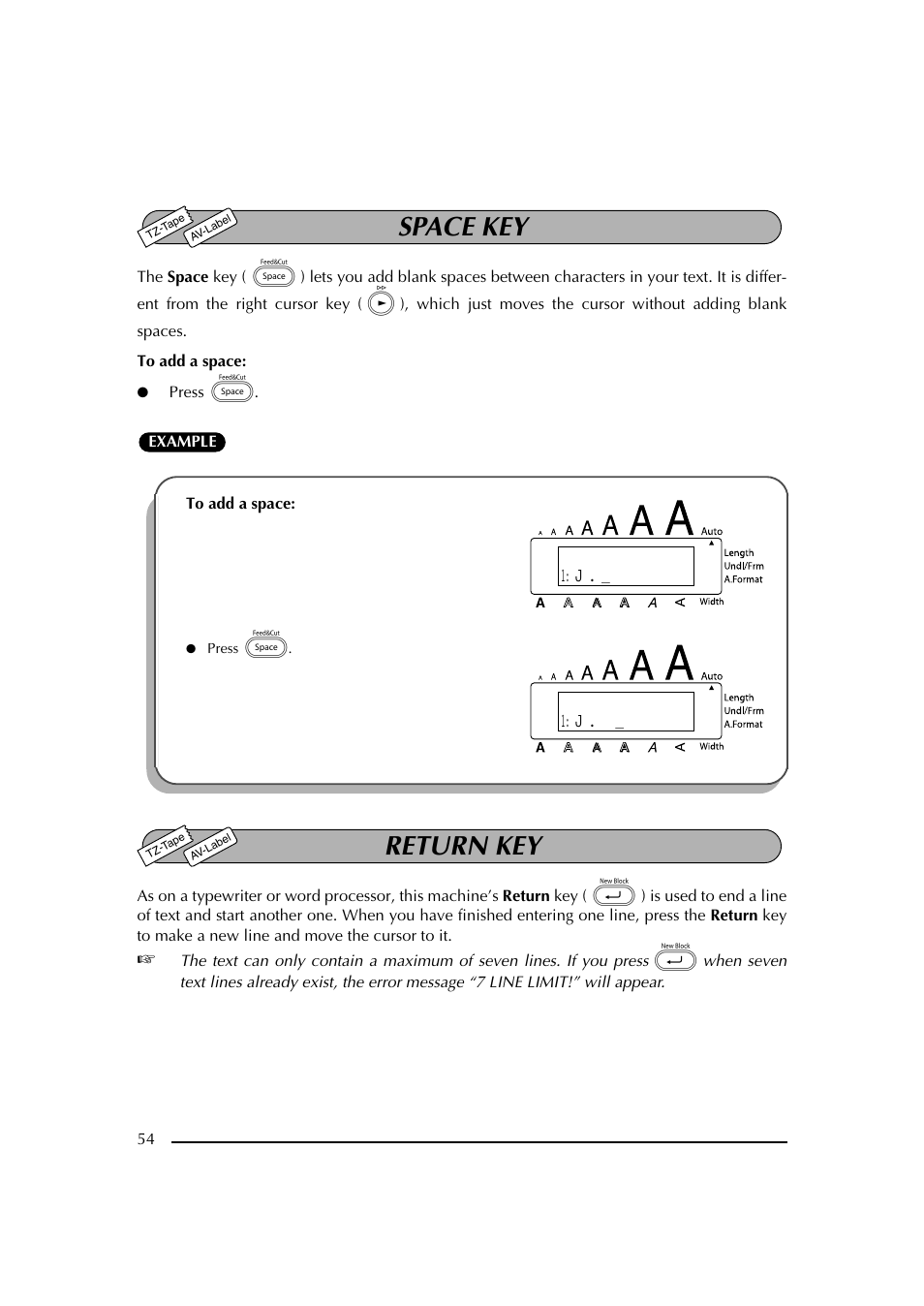 Space key, Return key, Tecla de retorno | Brother PT-2600 User Manual | Page 61 / 250