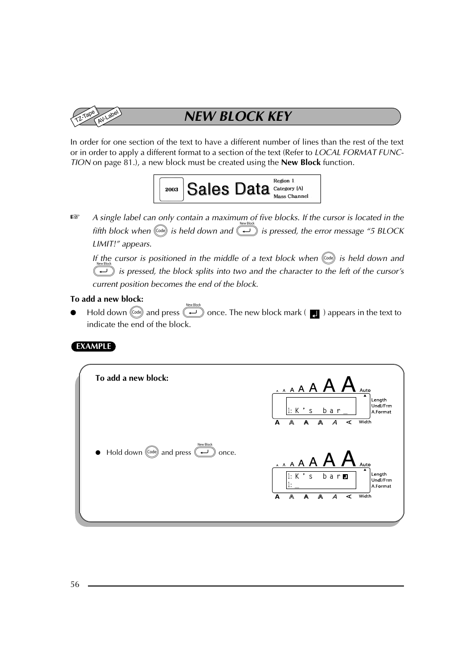 New block key | Brother PT-2600 User Manual | Page 63 / 250