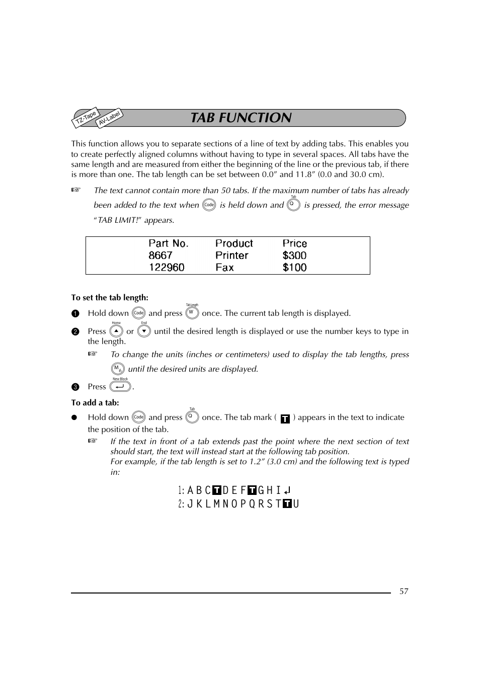 Tab function, 3 press, 3 presione | Brother PT-2600 User Manual | Page 64 / 250