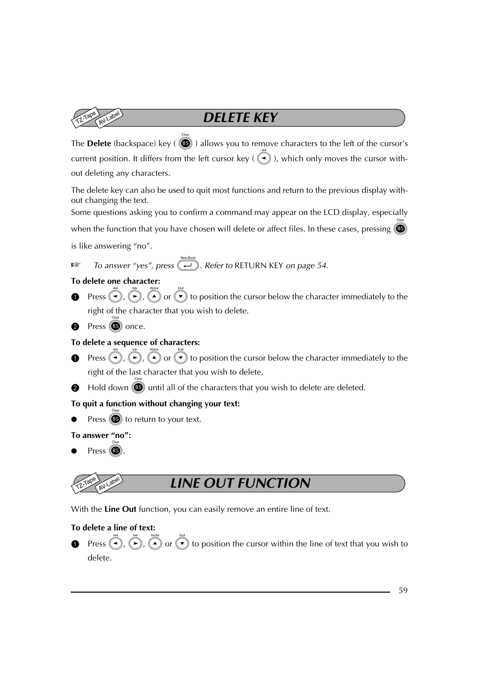 Delete key, 2 press * once, Line out function | 2 presione * una vez, Función de borrado de línea (line out) | Brother PT-2600 User Manual | Page 66 / 250