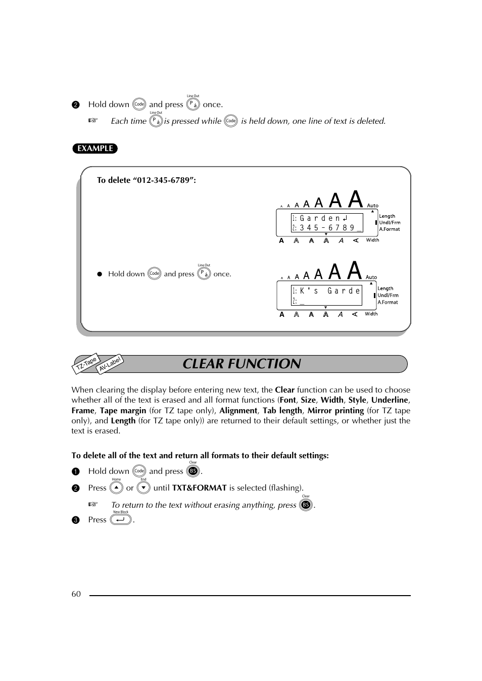 2 hold down c and press p once, Clear function, 1 hold down c and press | 3 press, 2 mantenga presionado c y presione p una vez, Función de reposición (clear), 1 mantenga presionado c y presione, 3 presione | Brother PT-2600 User Manual | Page 67 / 250