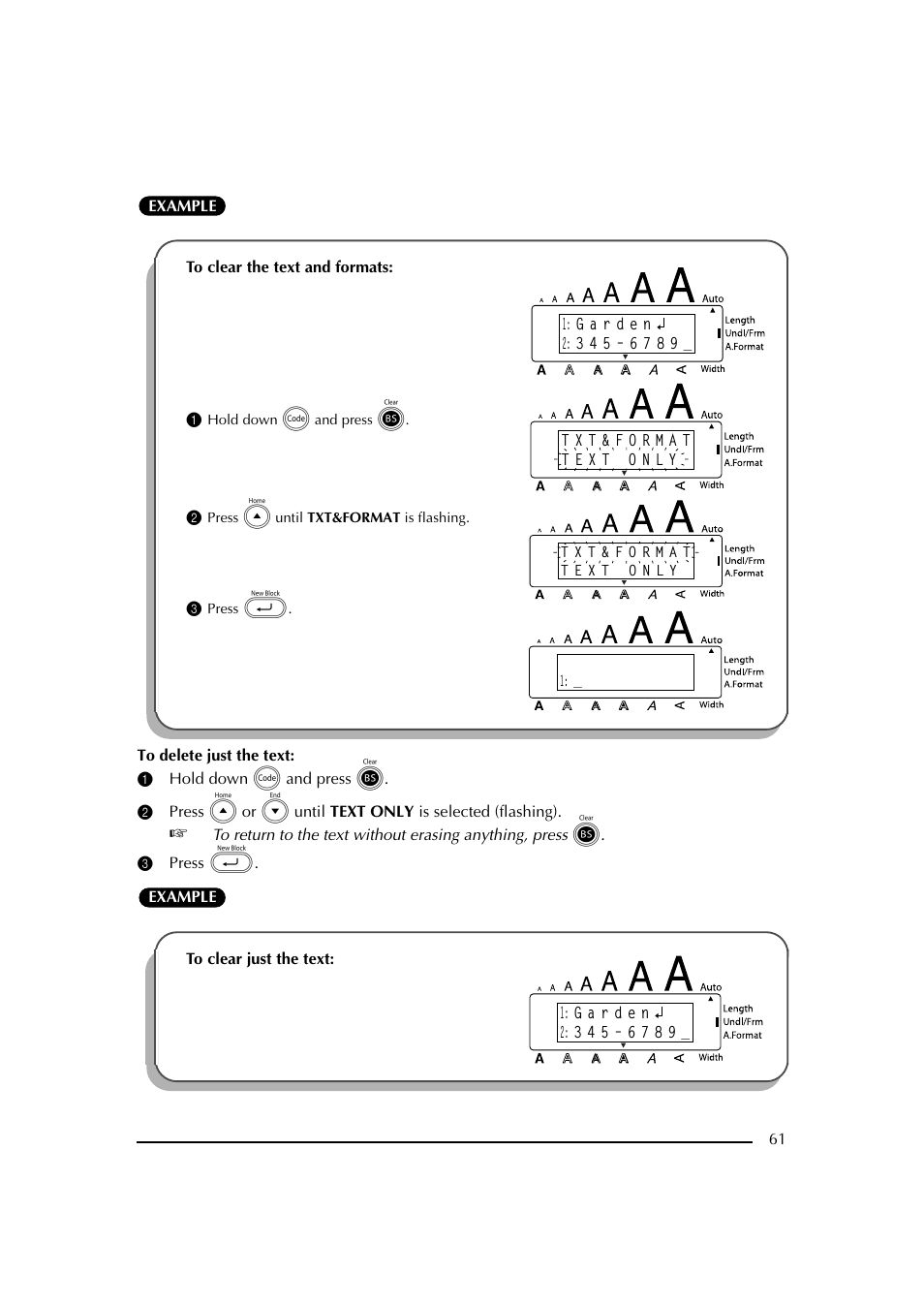 1 hold down c and press, 2 press e until txt&format is flashing, 3 press | Brother PT-2600 User Manual | Page 68 / 250