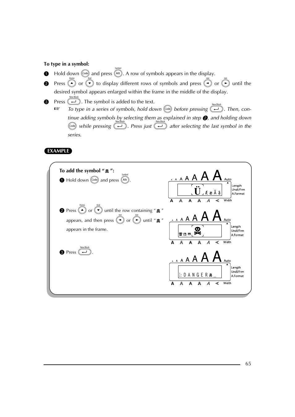 3 press _. the symbol is added to the text, 1 hold down c and press a, 3 press | Brother PT-2600 User Manual | Page 72 / 250