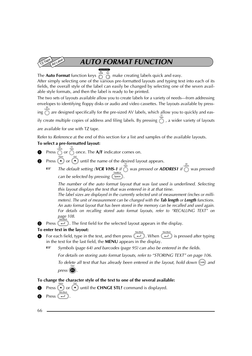 Auto format function, 1 press ior jonce. the a/f indicator comes on, 6 press | Brother PT-2600 User Manual | Page 73 / 250