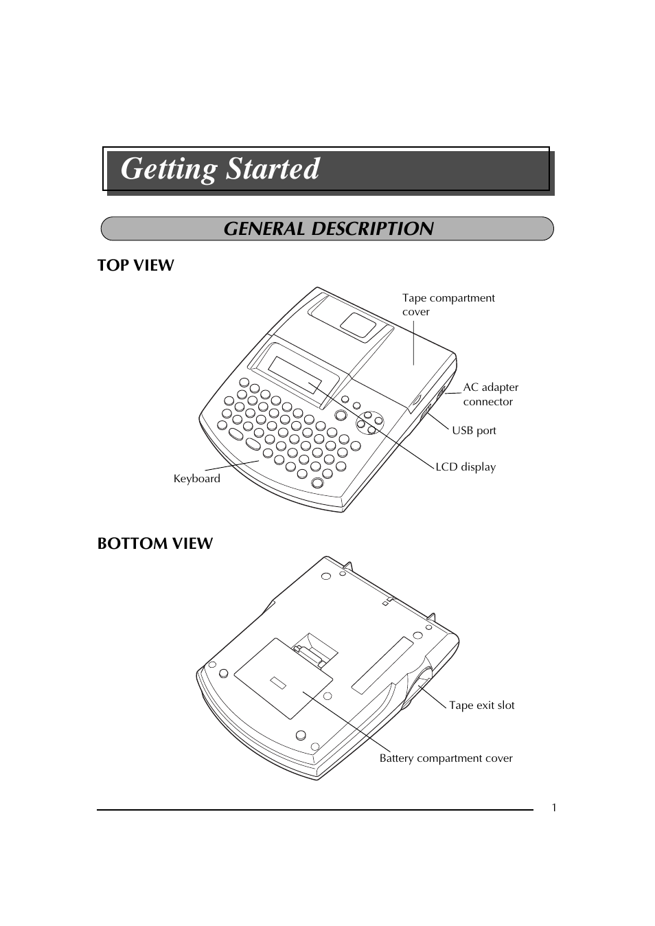 General description, Top view, Bottom view | Getting started | Brother PT-2600 User Manual | Page 8 / 250