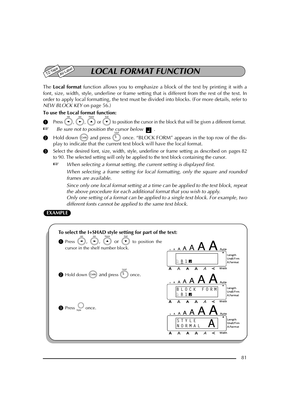 Local format function, 2 hold down c and press s once, 3 press m once | Brother PT-2600 User Manual | Page 88 / 250