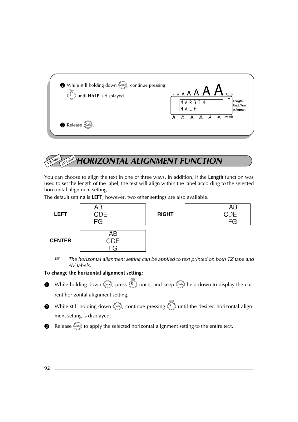 3 release c, Horizontal alignment function, Función de la alineación horizontal | Brother PT-2600 User Manual | Page 99 / 250