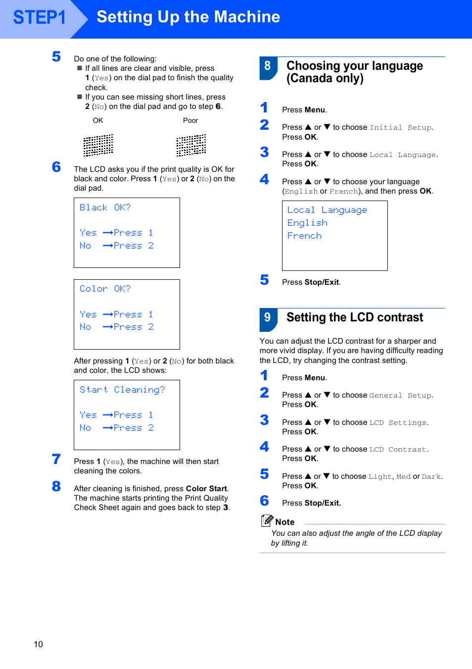 8 choosing your language (canada only), 9 setting the lcd contrast, Step1 | Setting up the machine, 8choosing your language (canada only), 9setting the lcd contrast | Brother MFC-665CW User Manual | Page 12 / 57