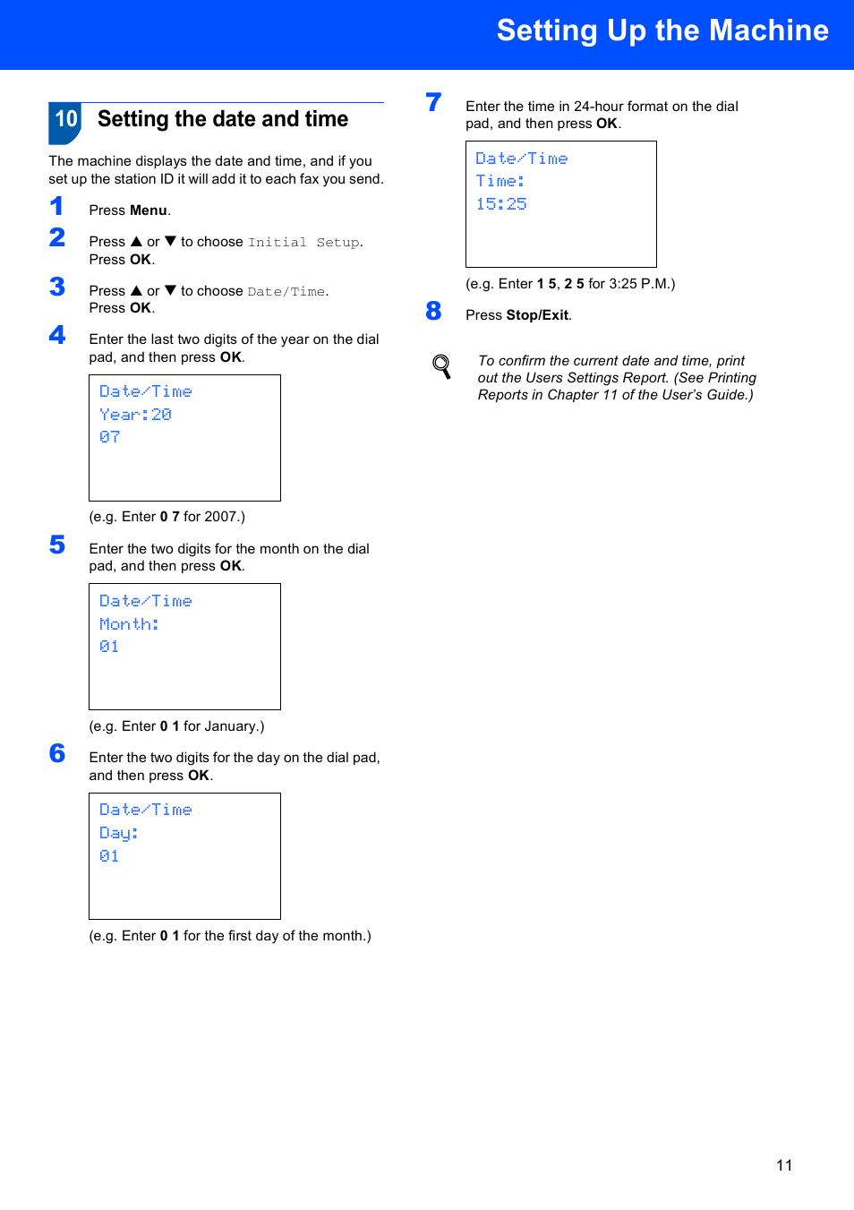 10 setting the date and time, Setting the date and time, Setting up the machine | Brother MFC-665CW User Manual | Page 13 / 57
