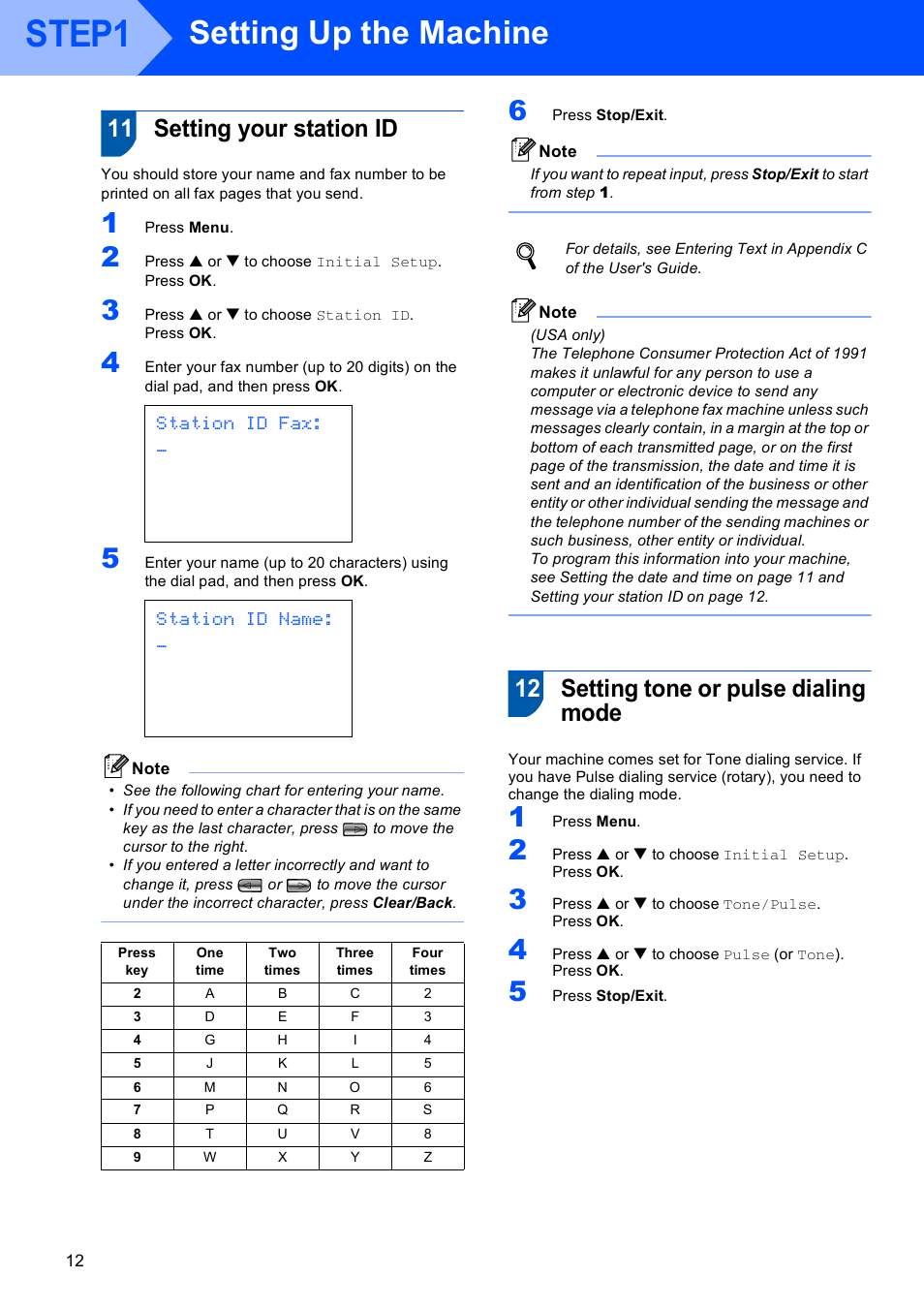 11 setting your station id, 12 setting tone or pulse dialing mode, Step1 | Setting up the machine, Station id fax, Station id name | Brother MFC-665CW User Manual | Page 14 / 57