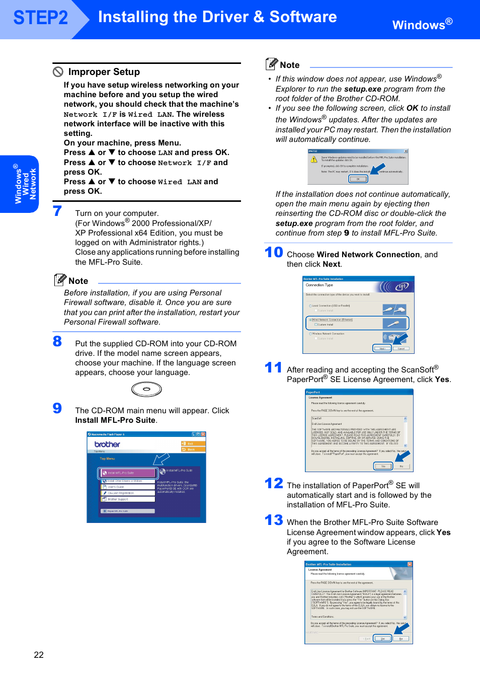 Step2, Installing the driver & software, Windows | Improper setup | Brother MFC-665CW User Manual | Page 24 / 57