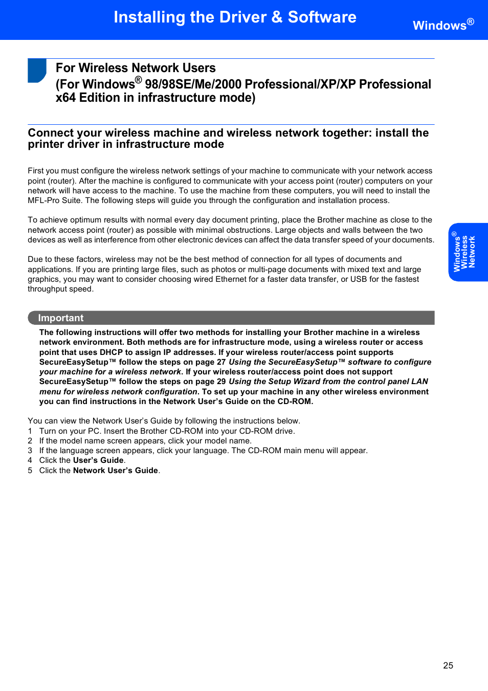 For wireless network users (for windows, Edition in infrastructure mode), 98/98se/me/2000 professional/xp | Installing the driver & software, Windows | Brother MFC-665CW User Manual | Page 27 / 57