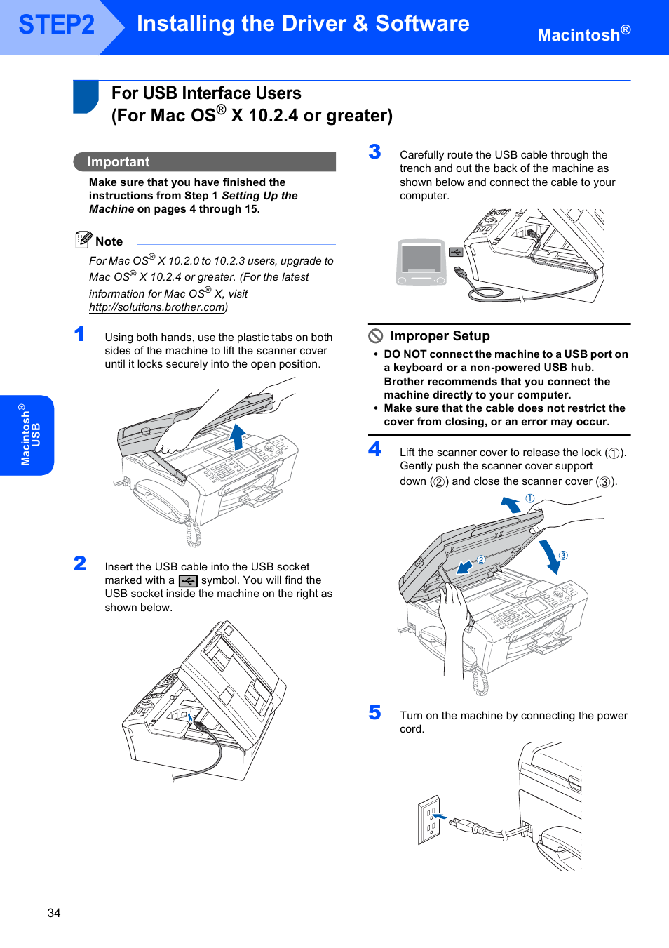 Macintosh, For usb interface users (for mac os, X 10.2.4 or greater) | For usb interface users, For mac os, Step2, Installing the driver & software | Brother MFC-665CW User Manual | Page 36 / 57