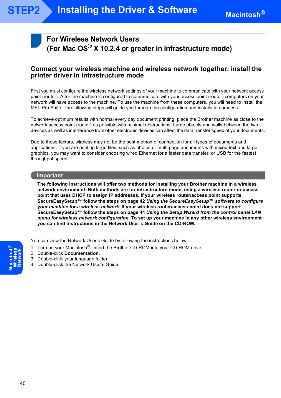 For wireless network users (for mac os, X 10.2.4 or greater in infrastructure mode), For wireless network users | For mac os, Step2, Installing the driver & software, Macintosh | Brother MFC-665CW User Manual | Page 42 / 57