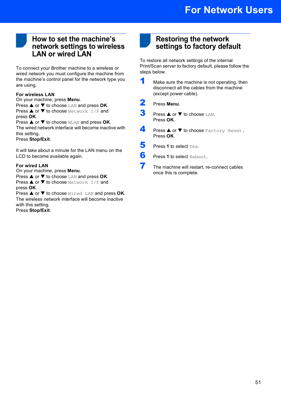 Restoring the network settings to factory default, For network users | Brother MFC-665CW User Manual | Page 53 / 57