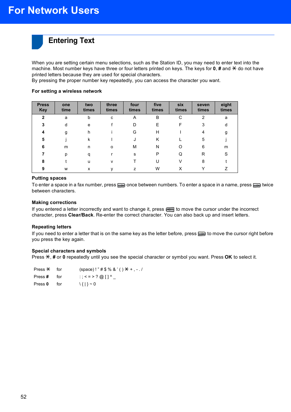 Entering text, For network users | Brother MFC-665CW User Manual | Page 54 / 57