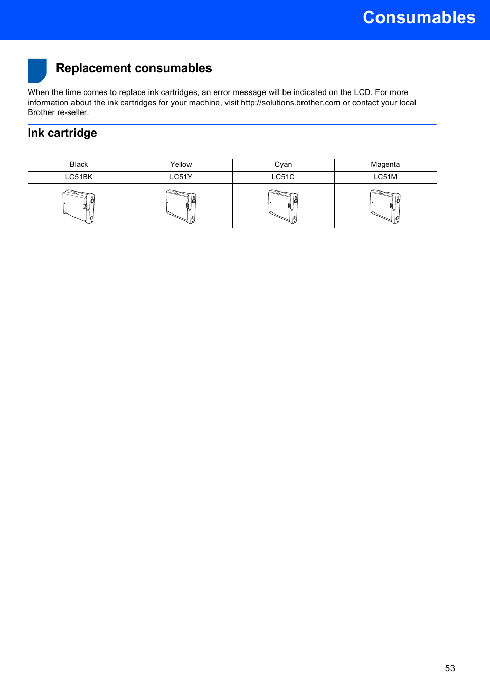Consumables, Replacement consumables, Ink cartridge | Brother MFC-665CW User Manual | Page 55 / 57