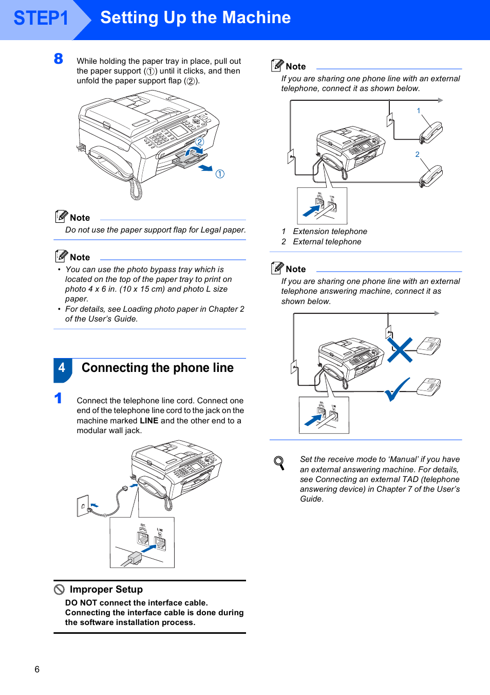 4 connecting the phone line, Connecting the phone line, Step1 | Setting up the machine, 4connecting the phone line, Improper setup | Brother MFC-665CW User Manual | Page 8 / 57